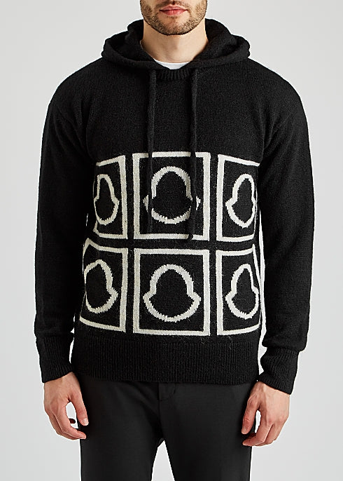 Black logo hooded wool-blend jumper