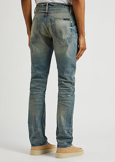 Blue distressed straight-leg jeans