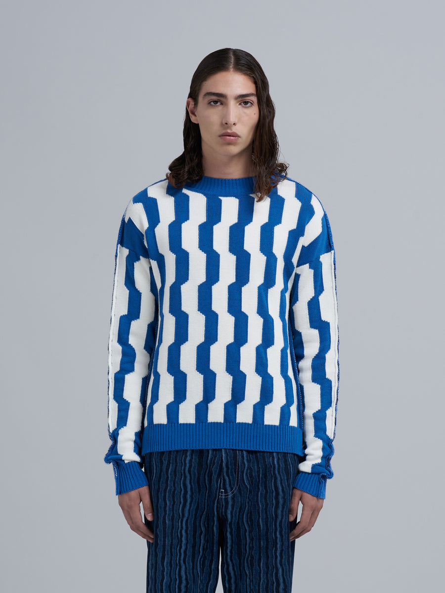 BLUE AND WHITE CREPE AND SHETLAND WOOL SWEATER